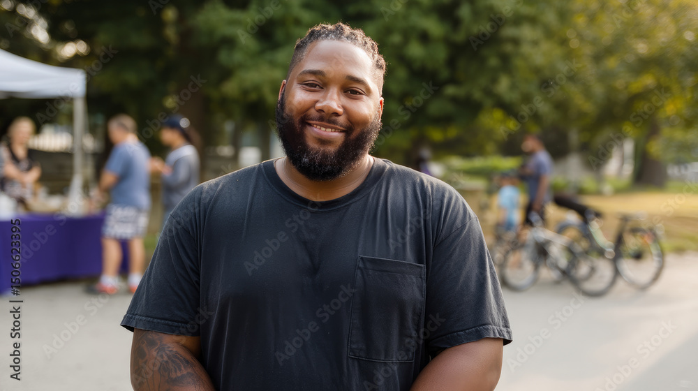 Fototapeta premium A man with obesity volunteering at a community event, staying active