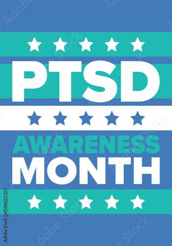 PTSD Awareness Month in June. Post Traumatic Stress Disorder. Celebrated annual in United States. Medical health care and awareness design. Poster, card, banner and background. Vector illustration