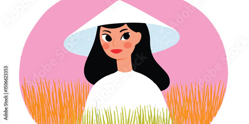 A portrait of a graceful woman wearing traditional attire and a conical hat, standing in a vibrant field, reminiscent of an illustration with striking color and artistic flair.