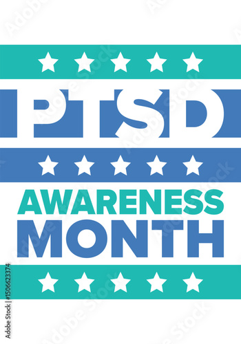 PTSD Awareness Month in June. Post Traumatic Stress Disorder. Celebrated annual in United States. Medical health care and awareness design. Poster, card, banner and background. Vector illustration