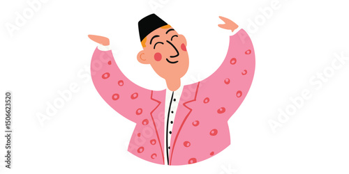 An illustrated, smiling man adorned in traditional attire, arms outstretched in a gesture of cultural pride and invitation. The image captures a sense of warmth and inclusivity.