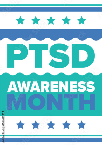 PTSD Awareness Month in June. Post Traumatic Stress Disorder. Celebrated annual in United States. Medical health care and awareness design. Poster, card, banner and background. Vector illustration