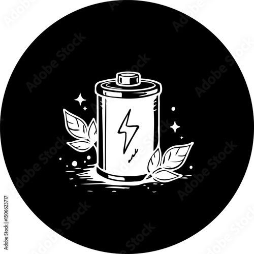 Sustainable energy source, eco-friendly battery concept with natural leaves, black background