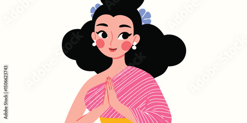 A digitally rendered Thai woman, poised in a respectful gesture of "Wai" or greeting, in the classic tradition. The artwork encapsulates cultural values and visual storytelling.