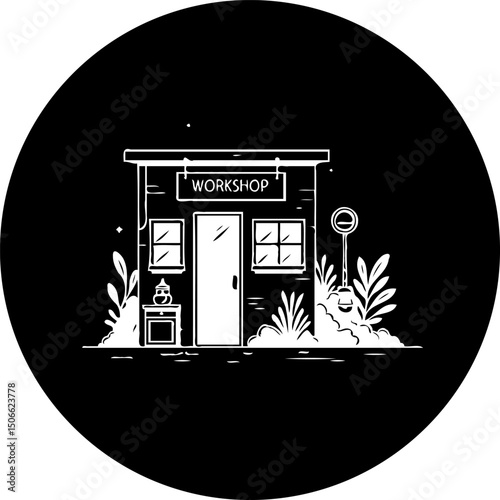 Whimsical monochrome workshop illustration set against a stark black backdrop