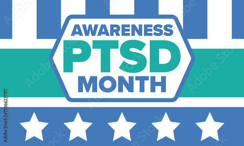 PTSD Awareness Month in June. Post Traumatic Stress Disorder. Celebrated annual in United States. Medical health care and awareness design. Poster, card, banner and background. Vector illustration