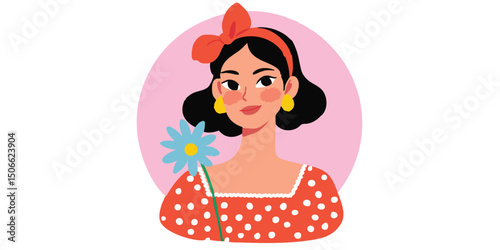 A charming illustration of a stylish woman holding a daisy, exuding elegance and sweetness. A colorful picture, perfect for designs and art.