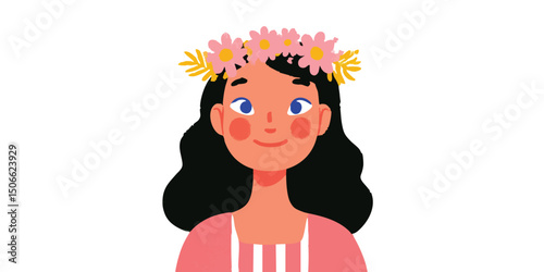 A charming illustration of a woman wearing a floral crown and expressing happiness. She stands with a pleasant smile and radiates joy.