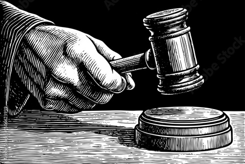 judge's hand holding a gavel to make a decision vector black and white isolated hand drawn sketch