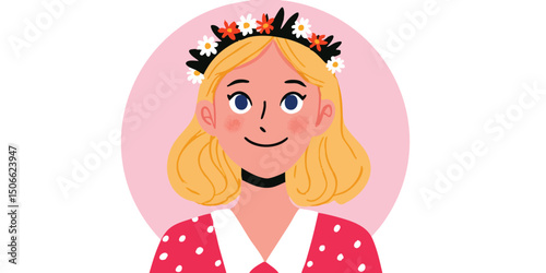 A beautifully crafted illustration of a young girl radiates a cheerful and approachable aura. She adorns a vibrant floral crown, dressed in a dotted dress against a soft pink background.