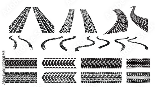 Black Tire Tracks Grunge Set Isolated on Transparent Background