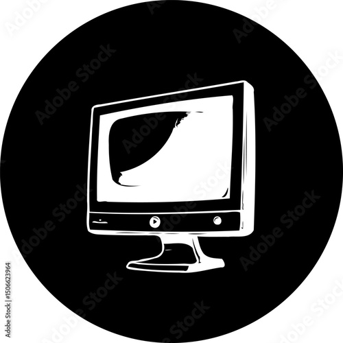 Retro monitor illustration with circular backdrop exudes vintage tech appeal