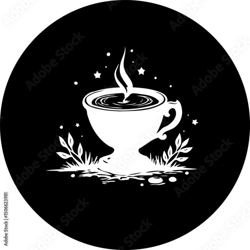 Enigmatic beverage emblem in a stylized black and white illustration design