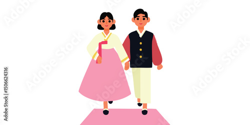 A young couple dressed in traditional Korean Hanbok, strolling hand-in-hand on a pink carpet. The illustration radiates elegance and cultural richness.