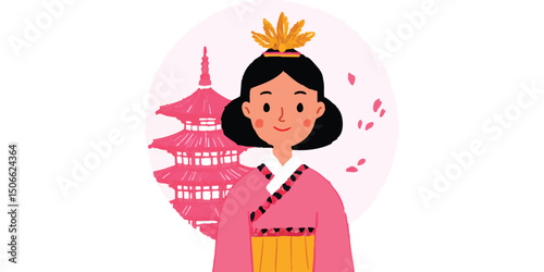 An illustration captures a charming figure in traditional attire with a temple, a glimpse into the rich cultural heritage.