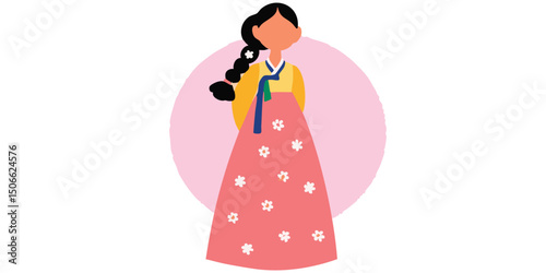 A culturally rich illustration portrays a girl dressed in a traditional outfit, which is Hanbok, representing a nation's heritage and style.