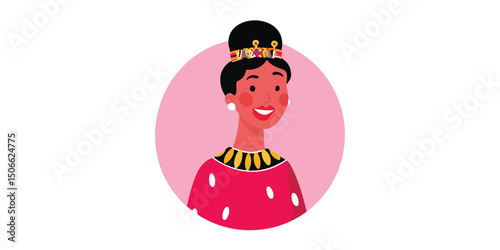 An illustrated regal queen with a radiant smile and a crowned head in a playful, cartoon-like style. Capturing royalty and joy.