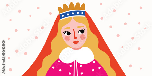 A regal queen, adorned with a crown, her presence exudes elegance and grace in a whimsical, artistic rendering. The illustration captures a sense of nobility and fairy-tale charm.