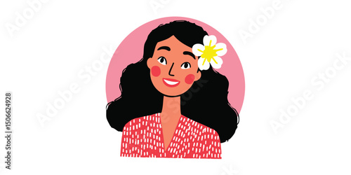 Smiling woman with flower in hair, happy expression, summer style, avatar, profile picture.