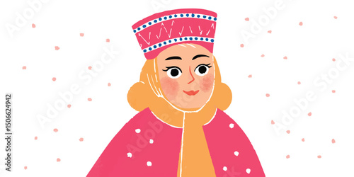 A charming illustration of a female figure, adorned in winter attire, enveloped in a festive atmosphere of celebration and joy.