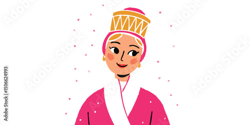 A vibrant illustration showcases a stylishly attired woman wearing a decorative head covering with a confident and serene expression, set against a clean background.