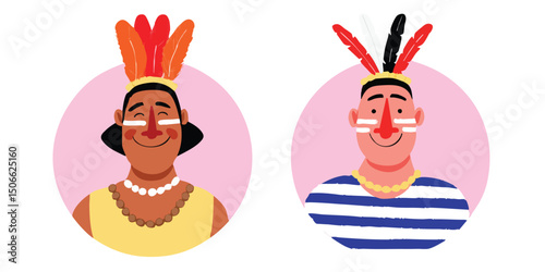 Two native figures, adorned with traditional headdresses, smile warmly within a delicate backdrop. Celebrating the heritage and cultural richness.