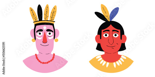 Two Native American figures, one adorned with a feathered headdress, the other with traditional adornments, stand as cultural representations, evoking heritage and historical storytelling.