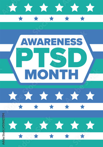 PTSD Awareness Month in June. Post Traumatic Stress Disorder. Celebrated annual in United States. Medical health care and awareness design. Poster, card, banner and background. Vector illustration