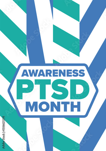PTSD Awareness Month in June. Post Traumatic Stress Disorder. Celebrated annual in United States. Medical health care and awareness design. Poster, card, banner and background. Vector illustration