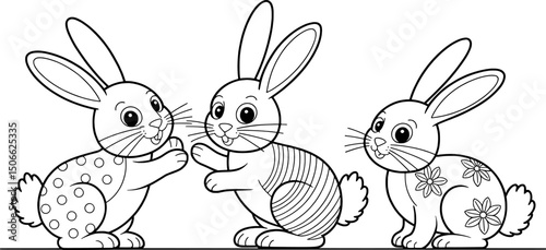 Three adorable bunnies ready for coloring easter fun