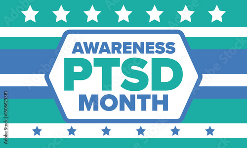 PTSD Awareness Month in June. Post Traumatic Stress Disorder. Celebrated annual in United States. Medical health care and awareness design. Poster, card, banner and background. Vector illustration