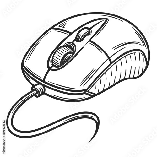 Monochrome drawing of a computer mouse showcasing vintage technology and design