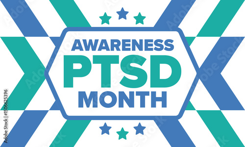 PTSD Awareness Month in June. Post Traumatic Stress Disorder. Celebrated annual in United States. Medical health care and awareness design. Poster, card, banner and background. Vector illustration