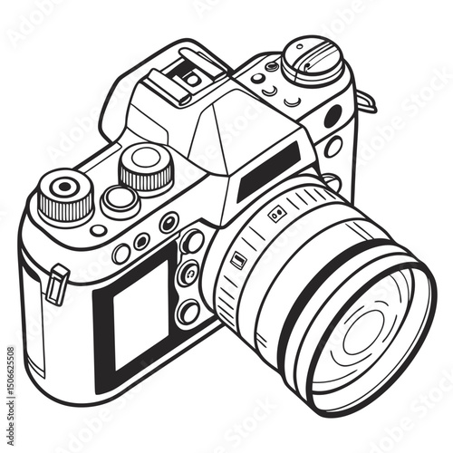 Detailed line art illustration of a modern digital camera with lens
