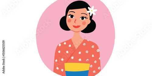 A lovely illustrated woman adorned in a traditional kimono and a flower in her hair smiles warmly, set against a soft pink backdrop, embodying the grace and beauty of the culture.