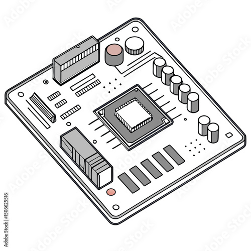 Detailed illustration of a motherboard with various components and circuitry highlighted