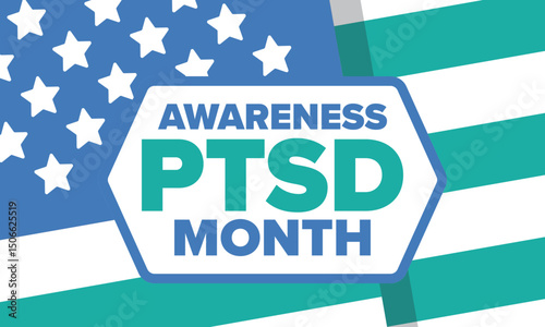 PTSD Awareness Month in June. Post Traumatic Stress Disorder. Celebrated annual in United States. Medical health care and awareness design. Poster, card, banner and background. Vector illustration