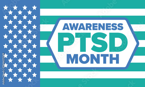 PTSD Awareness Month in June. Post Traumatic Stress Disorder. Celebrated annual in United States. Medical health care and awareness design. Poster, card, banner and background. Vector illustration