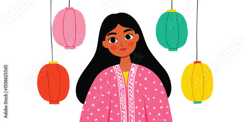 A young woman with long dark hair, wearing a pink patterned kimono, stands serenely amidst hanging colorful lanterns.  The scene evokes a sense of peace and cultural celebration.