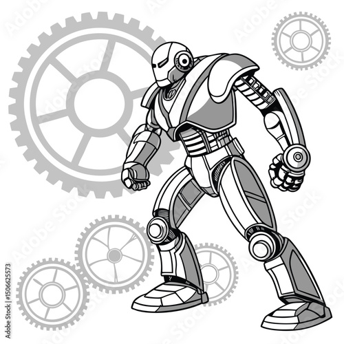 Monochrome Illustration of a Mechanical Robot Warrior Surrounded by Gears