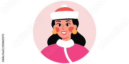 A stylized portrait of a woman, adorned with a festive hat and smiling warmly against a soft backdrop, embodying cultural traditions and joyful expression.