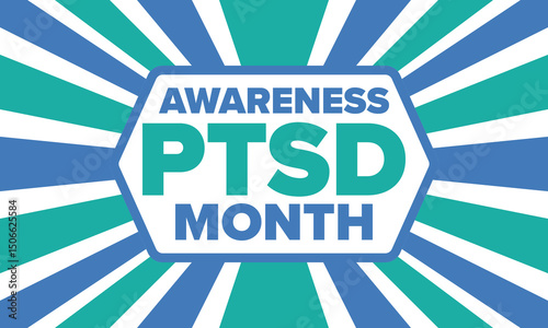 PTSD Awareness Month in June. Post Traumatic Stress Disorder. Celebrated annual in United States. Medical health care and awareness design. Poster, card, banner and background. Vector illustration