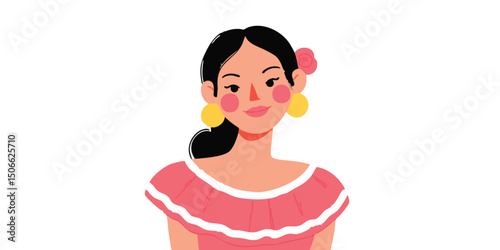 A vibrant illustration portrays a smiling young woman. She has long, dark hair adorned with a flower, large yellow earrings, and wears a pink dress with ruffle details.