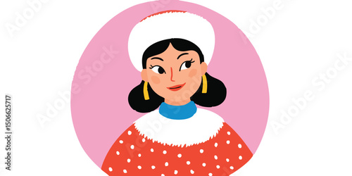 A cheerful woman, wearing a traditional hat and polka dot dress, smiles warmly.  Her earrings and neckline add a touch of elegance.