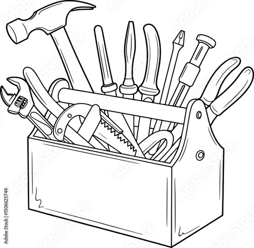 Tools in a wooden toolbox black and white illustration