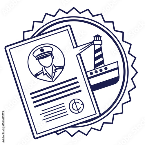 Maritime identification document featuring a captain and a lighthouse within a seal