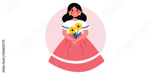 A whimsical illustration showcases a charming character clutching a bouquet of sunflowers. The artwork exudes a sense of happiness and spring charm.