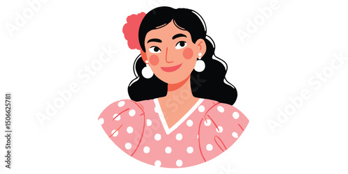 A charming woman in a vibrant pink dress and a decorative flower in her hair. With a warm smile, the image captures a moment of poise and elegance.