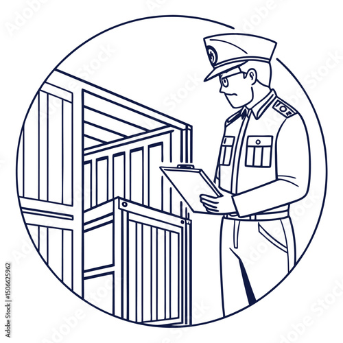 Illustration of an Inspector Examining Shipping Containers, a scene of verification