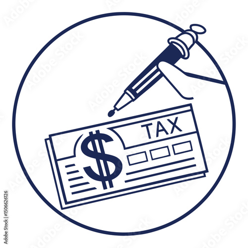 Icon Representing Tax Time with a Hand, Pen and Dollar Sign